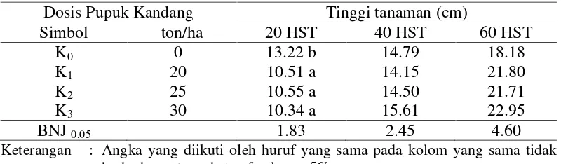 Tabel 6. Rata-rata Tinggi Tanaman Sambung Nyawa Umur 20, 40 dan 60 HSTpada berbagai Perlakuan Pupuk Kandang