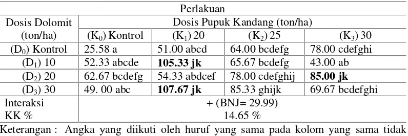 Tabel 11. Rata-rata JPerlakuana Jumlah Daun Tanaman Sambung Umur 60kuan interasi Dolomit dan Pupuk Kandang.60 pada berbagai