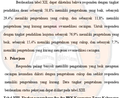 Tabel XII. Tingkat pengetahuan ibu-ibu PKK Kecamatan Tepus Kabupaten