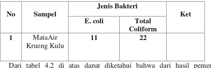 Tabel 4.2 Hasil Pemeriksaan Mikrobiologi Mata Air di Desa Krueng KuluKecamatan Seunangan Timur Kabupaten Nagan Raya 2013