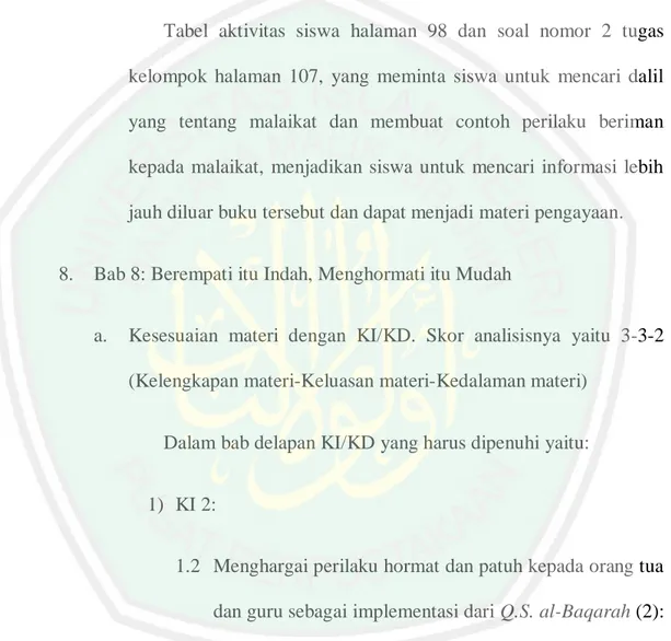 Tabel  aktivitas  siswa  halaman  98  dan  soal  nomor  2  tugas  kelompok  halaman  107,  yang  meminta  siswa  untuk  mencari  dalil  yang  tentang  malaikat  dan  membuat  contoh  perilaku  beriman  kepada  malaikat,  menjadikan  siswa untuk  mencari  i