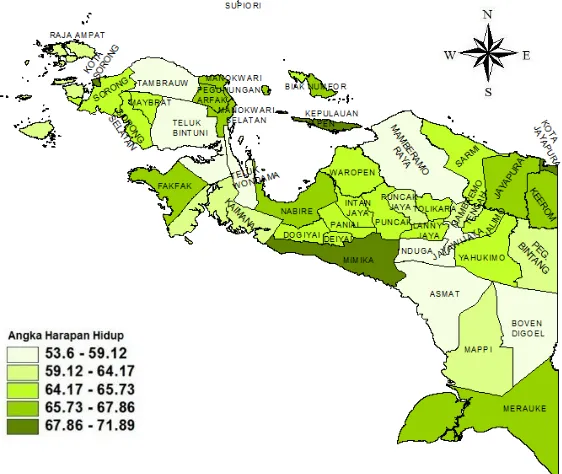 Gambar 4.1 Persebaran Angka Harapan Hidup di Papua 2015 sedang (64.17 sangat rendah (53.6 ditandai dengan warna hijau muda seperti terlihat pada Gambar 4.1