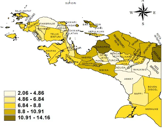 Gambar 4.4 Persebaran Rata-Rata Lama Sekolah di Papua 2015 warna oranye tua dan paling rendah ditandai dengan warna oranye Daerah yang memiliki rata-rata lama sekolah ditandai dengan muda seperti terlihat pada Gambar 4.4