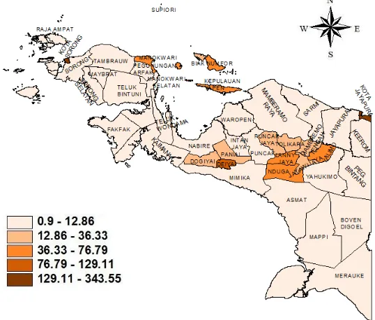 Gambar 4.8 Persebaran Kepadatan Penduduk di Papua tahun 2015 warna oranye tua dan persentase kepadatan penduduk paling rendah ditandai dengan warna oranye muda seperti terlihat pada Gambar 4.8 yang terbagi dalam lima kategori kelompok Breakmenunjukkan pola