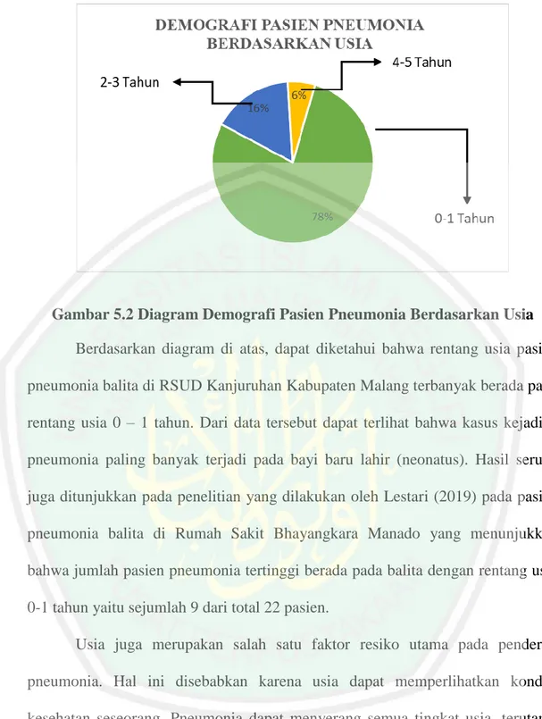 Gambar 5.2 Diagram Demografi Pasien Pneumonia Berdasarkan Usia  Berdasarkan  diagram  di  atas,  dapat  diketahui  bahwa  rentang  usia  pasien  pneumonia balita di RSUD Kanjuruhan Kabupaten Malang terbanyak berada pada  rentang  usia  0  –  1  tahun