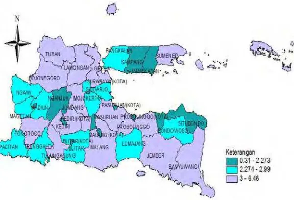 Gambar 4.5  Persebaran Persentase Puskesmas Provinsi Jawa Timur tahun 2013 