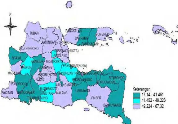 Gambar 4.7 Persebaran Persentase Rumah Tangga PHBS Provinsi Jawa Timur tahun 2013 