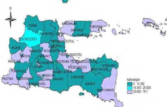 Gambar 4.9 Persebaran Persentase Penderita Malaria dengan ACT Provinsi Jawa Timur tahun 2013 