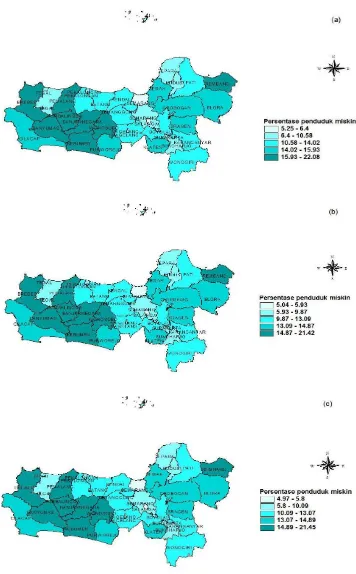 Gambar 4.2. Persebaran persentase penduduk miskin di Jawa Tengah menurut tahun: 2013 (a), 2014 (b) dan 2015 (c)