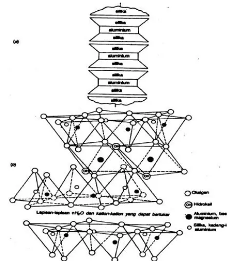 Gambar 2.6(a)  Skematik struktur atom montmorillonite, 