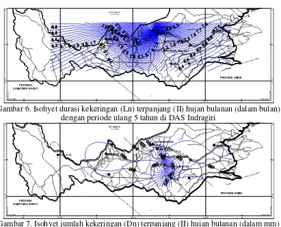 Gambar 7. Isohyet jumlah kekeringan (Dn) terpanjang (II) hujan bulanan (dalam mm) dengan periode ulang 5 tahun di DAS Indragiri 