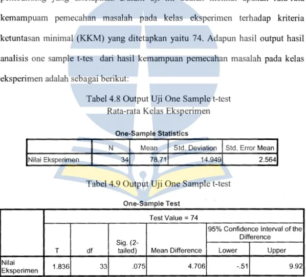 Tabel 4.8  Output Uji One Sample t-test  Rata-rata Kelas Eksperimen 