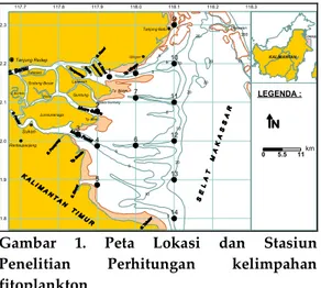 Gambar  1.  Peta  Lokasi  dan  Stasiun  Penelitian  Perhitungan  kelimpahan  fitoplankton  