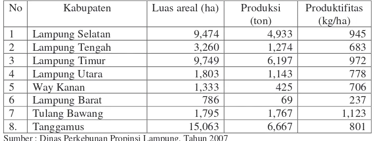 Tabel 19  Luas areal, produksi dan  produktifitas perkebunan kakao pada beberapa                 kabupaten di Propinsi Lampung tahun 2006 