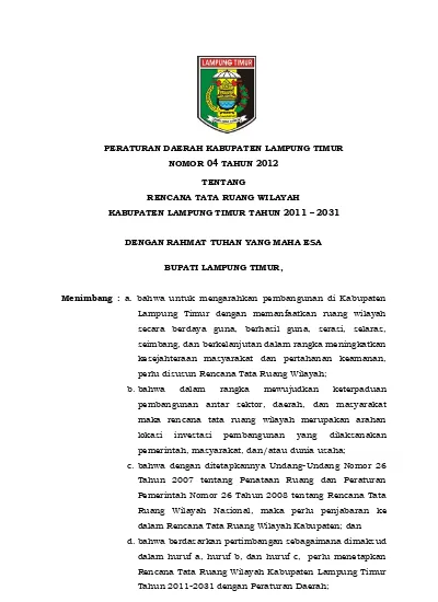 Perda Lampung Timur Nomor 4 Tahun 2012 Tentang Rencana Tata Ruang ...