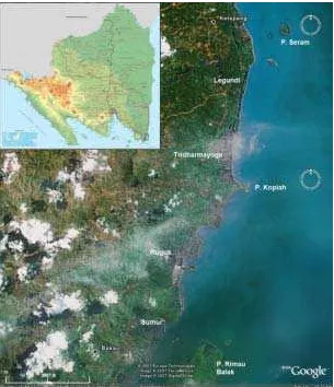 Gambar 2.5   Foto Satelit Kerusakan  Pesisir Kecamatan Ketapang, Lampung Selatan  (Sumber: Google Earth, diakses September 2007) 