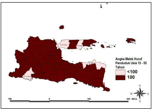 Gambar 4.6 Persebaran Angka Melek Huruf Penduduk Usia 15-55 Tahun Jawa Timur tahun 2015 pada semua wilayah kabupaten/kota memiliki nilai yang tinggi, yaitu pada selang 96,07 persen sampai dengan 100 persen