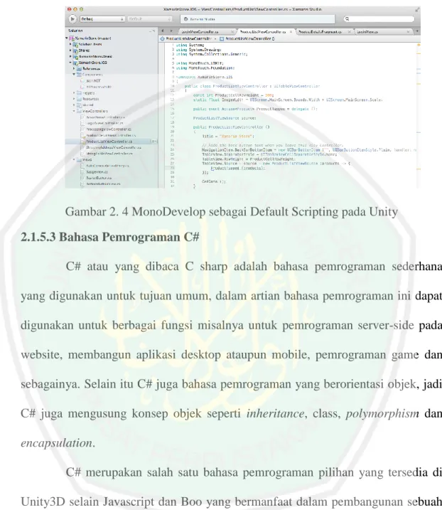 Gambar 2. 4 MonoDevelop sebagai Default Scripting pada Unity  2.1.5.3 Bahasa Pemrograman C# 
