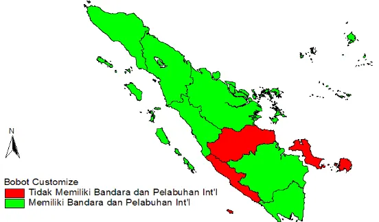 Gambar 3.1   Peta Persebaran Provinsi di Pulau Sumatera Berdasarkan Bobot Customize yaitu Bandara Internasional dan Pelabuhan Utama Internasional 