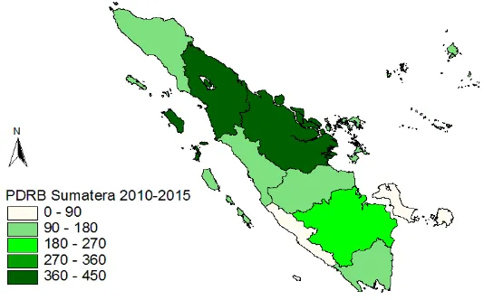 Gambar 4.2  Peta Persebaran Rata-Rata PDRB Atas Dasar Harga Konstan Provinsi di Pulau Sumatera Tahun 2010-2015 (Triliun Rupiah) 