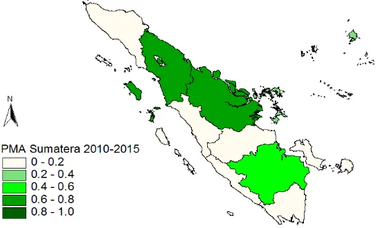 Gambar 4.4   Peta Persebaran Rata-Rata Penanaman Modal Asing  Provinsi di Pulau Sumatera Tahun 2010-2015  (Miliar US Dollar) 