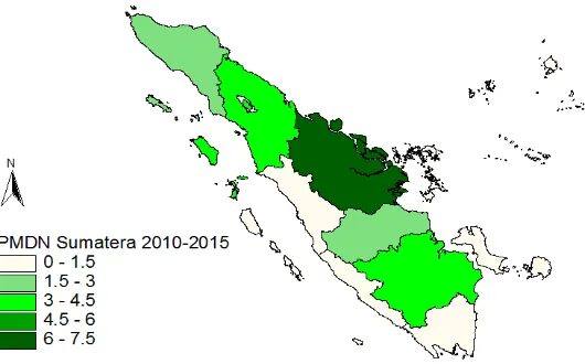Gambar 4.6  Peta Persebaran Rata-Rata Penanaman Modal Dalam Negeri Provinsi di Pulau Sumatera Tahun 2010-2015 (Triliun Rupiah) 