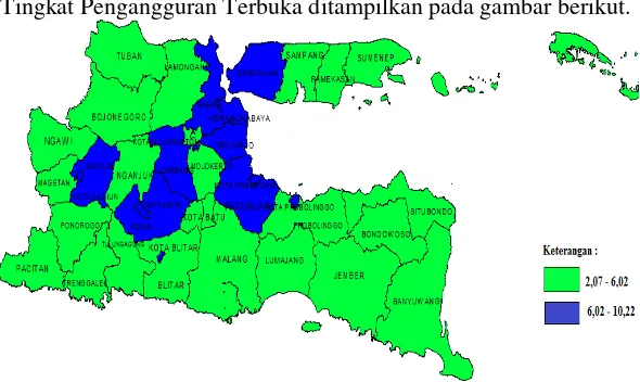 Gambar 4.1 Peta Tematik Tingkat Pengangguran Terbuka Terbuka (TPT) di Jawa Timur. Klasifikasi pada Tingkat Pengangguran Terbuka terdiri dari dua kelompok, yaitu kelompok wilayah dengan TPT rendah yang berwarna hijau dan kelompok wilayah dengan TPT tinggi y