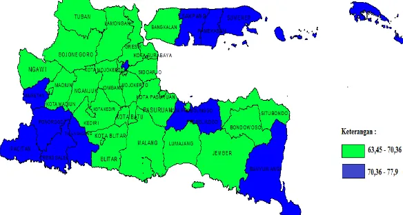 Gambar 4.3 Peta TematikTingkat Partisipasi Angkatan Kerja Gambar 4.3 yang terbagi menjadi dua kelompok yaitu daerah dengan TPAK tinggi ditandai dengan daerah berwarna biru dan daerah berwarna hijau merupakan daerah dengan TPAK rendah