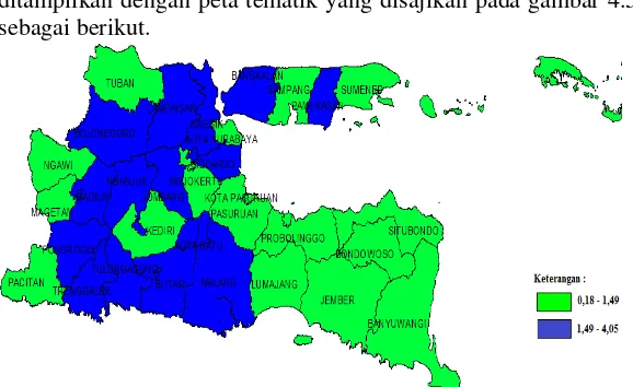 Gambar 4.5 Peta Tematik Laju Pertumbuhan Penduduk 1,54 persen sehingga dapat diartikan bahwa pada selang waktu 2005 hingga 2015 tiap tahunnya Jawa Timur mengalami pertumbuhan penduduk sebesar 1,54 persen