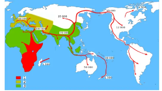 Gambar 1.6 Peta jalur penyebaran manusia purba   Homo sapiens (sejak 195.000 tahun lalu)  Neanderthal (600.000–30.000 tahun lalu)  Hominid purba (2,5–0,6 juta tahun lalu) 