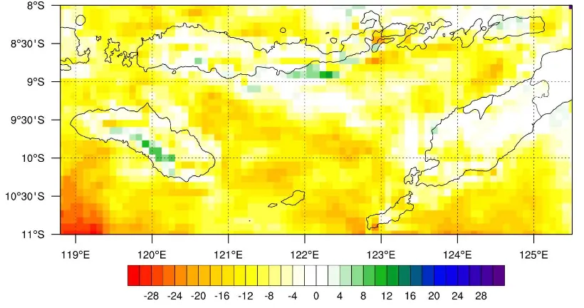 Gambar 2.3. Contoh perubahan curah hujan rataan tahunan 2011 sampai dengan 2040 relatif terhadap tahun 1981 sampai dengan tahun 2010 berdasarkan simulasi model iklim regional RegCM4 di Provinsi A