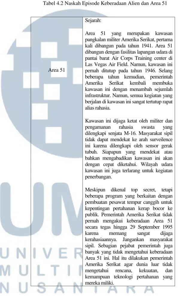 Tabel 4.2 Naskah Episode Keberadaan Alien dan Area 51 