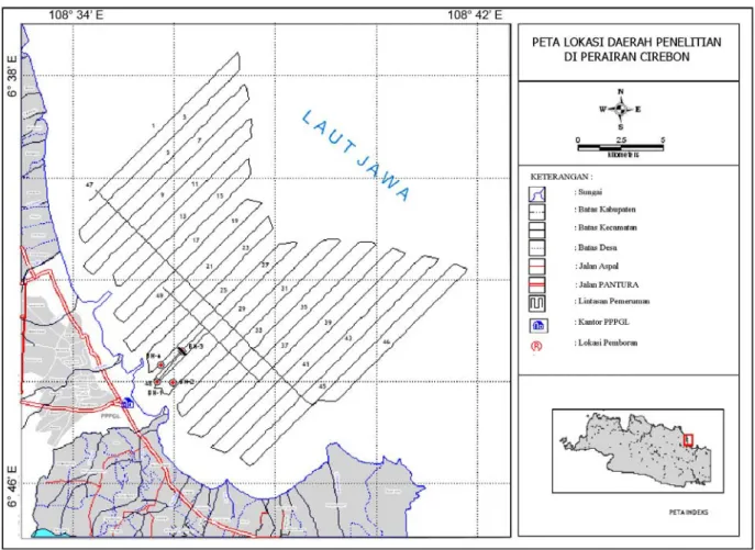 Gambar 1. Peta Lokasi daerah penelitian, pemboran dan lintasan pemeruman