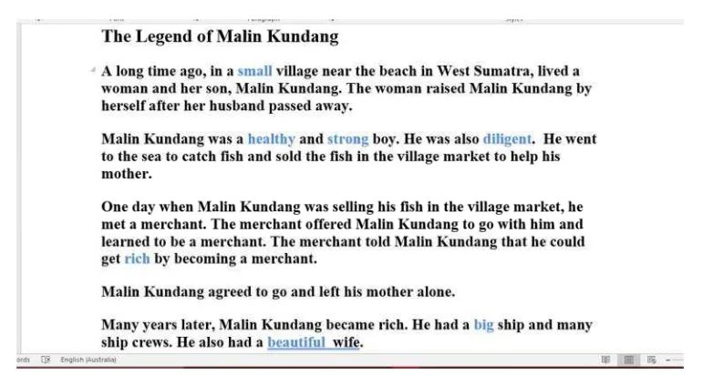 Figure 2. Malin Kundang story appropriated for grade 1 primary school students. 