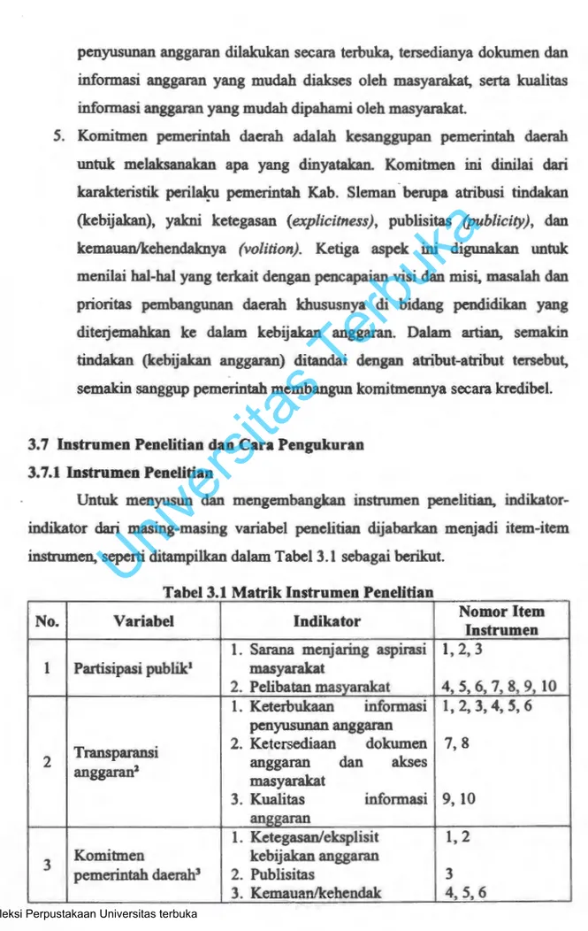 Tabel 3.1 Matrik lnstrumen Penelitian 