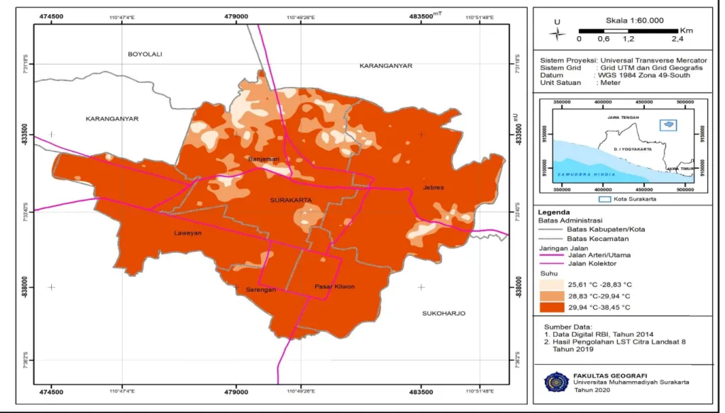 Gambar 3. Peta Sebaran Suhu Kota Surakarata Tahun 2019  