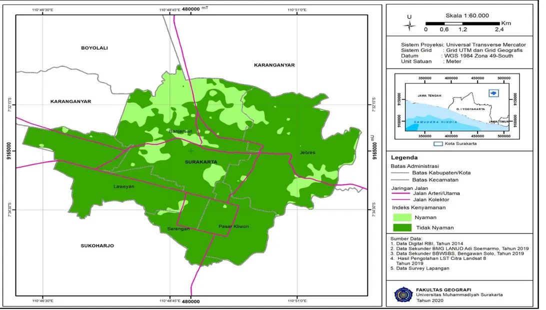 Gambar 5. Peta Sebaran Indeks Kenyamanan Kota Surakarata Tahun 2019  