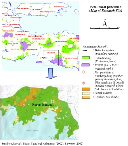 Gambar (Figure) 1.  Peta lokasi penelitian di Resort Bandealit, Taman Nasional Meru Betiri Jember (Map of the Bandealit Resort research locaion in Meru Betiri National Park Jember)    108°109° BT