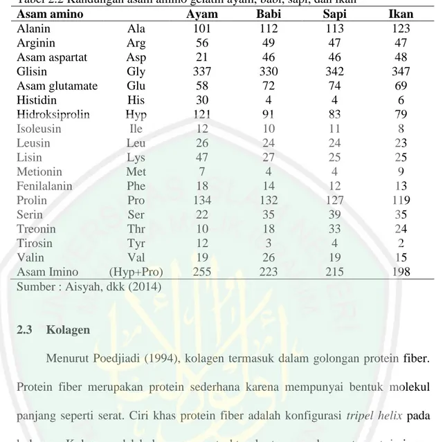 Tabel 2.2 Kandungan asam amino gelatin ayam, babi, sapi, dan ikan 