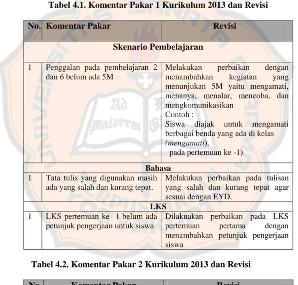 Tabel 4.1. Komentar Pakar 1 Kurikulum 2013 dan Revisi 