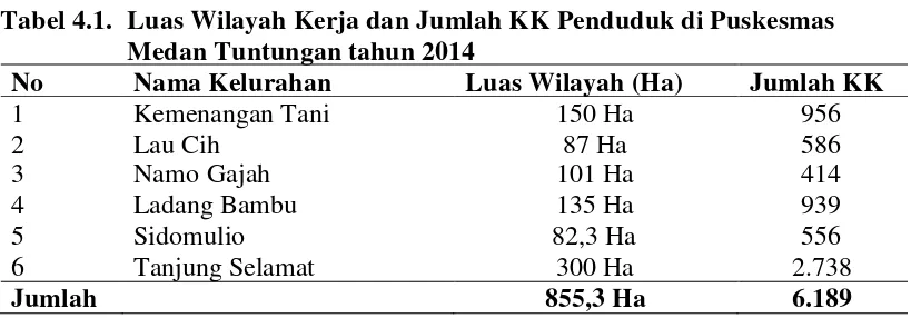 Tabel 4.1. Luas Wilayah Kerja dan Jumlah KK Penduduk di Puskesmas