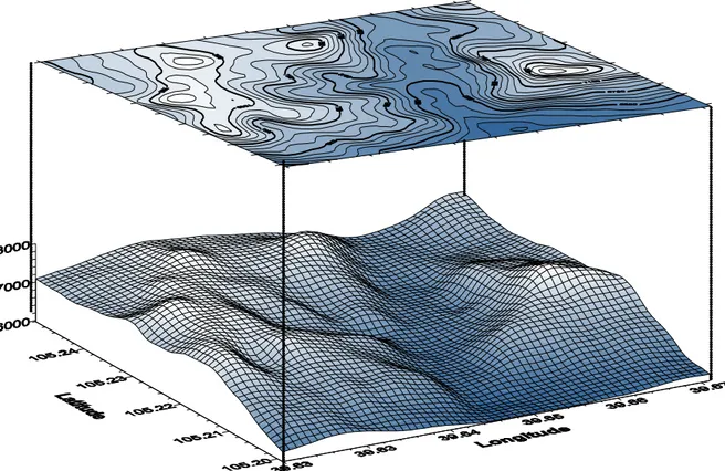Gambar 3. Peta garis kontur dan model tinggi permukaan dijital (DEM-Digital Elevation Model)  hasil pengolahan INSAR 
