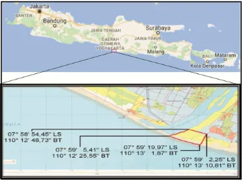 Gambar 2. Lokasi daerah penelitian (liniasi warna merah) dalam peta RBI Lembar Brosot (Bakosurtanal, 1998)  