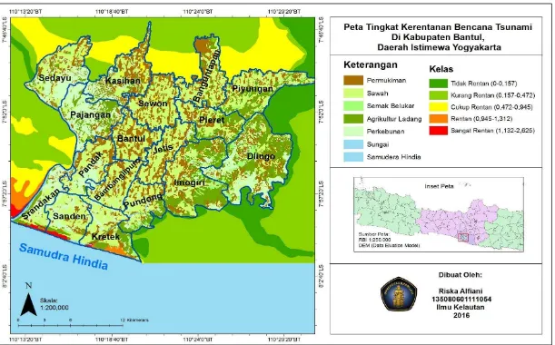 Gambar 5. Hasil Akhir Peta Tingkat Kerentanan Tsunami di Kabupaten Bantul, Daerah Istimewa Yogyakarta 