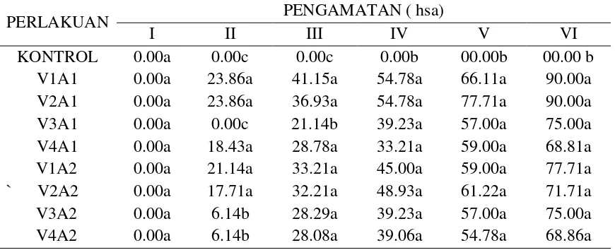 Tabel 1. Persentase Mortalitas Coptotermes curvinagthus (%) Pada Pengamatan I-VI hsa. 