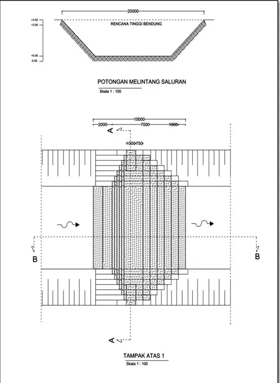 Gambar  rencana  DPi  dengan  bahan  batu  bronjong  dengan  ukuran  tinggi = 4 meter dan lebar = 20 meter, adalah sebagai berikut : 