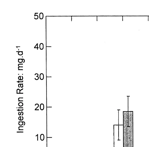 Fig. 1. Rates of ingestion (mg dry matter per day, standardised to a body weight of 250 mg dry ﬂesh) inselected (shaded histograms) and control (unshaded) oysters at three levels of ration (see Table 2 for foodconcentrations)