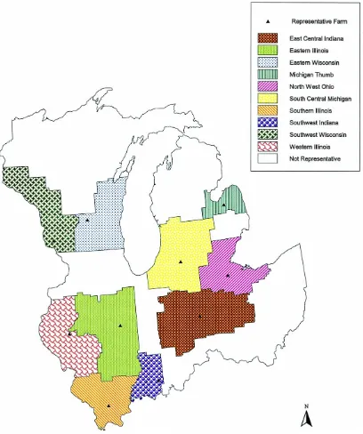 Fig. 1. Location of 10 representative agricultural regions in the midwestern Great Lakes states.