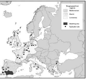 Fig. 1. Location of the modelling area: Andalucia, and the selected 20 benchmark sites for application within the three biogeographycalregions of western Europe.
