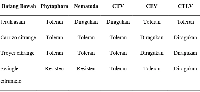 Tabel 2.1. Reaksi berbagai jenis jeruk yang digunakan sebagai batang bawah terhadap 